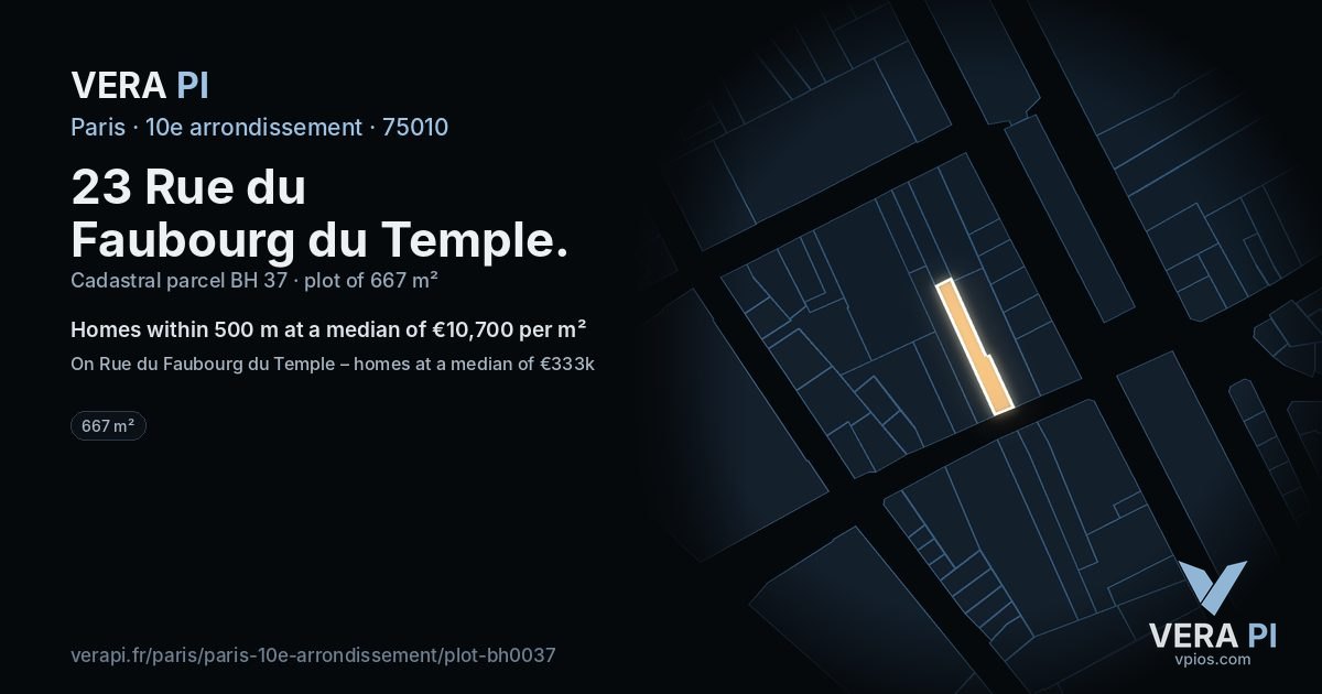 23 Rue du Faubourg du Temple, 10e arrondissement at night – the plot lit, the parcels around coloured by the prices near them