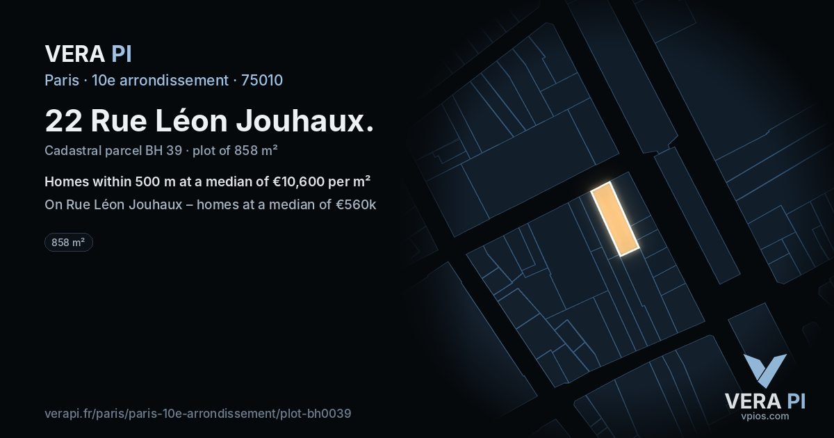 22 Rue Léon Jouhaux, 10e arrondissement at night – the plot lit, the parcels around coloured by the prices near them