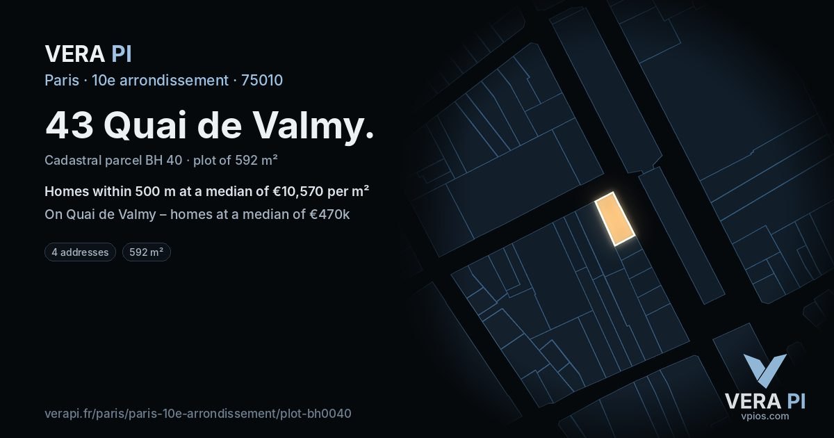 43 Quai de Valmy, 10e arrondissement at night – the plot lit, the parcels around coloured by the prices near them