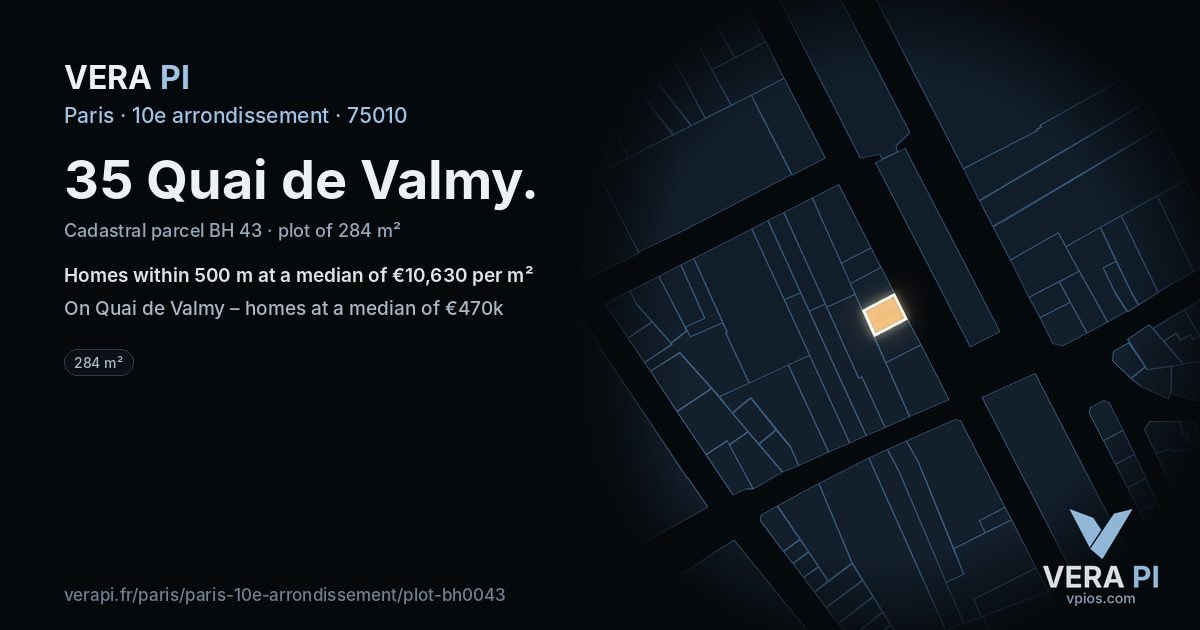35 Quai de Valmy, 10e arrondissement at night – the plot lit, the parcels around coloured by the prices near them