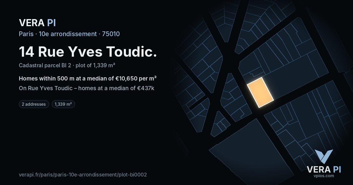 14 Rue Yves Toudic, 10e arrondissement at night – the plot lit, the parcels around coloured by the prices near them