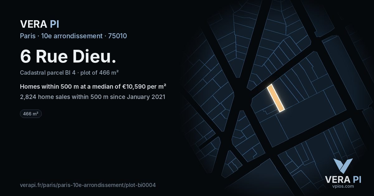6 Rue Dieu, 10e arrondissement at night – the plot lit, the parcels around coloured by the prices near them