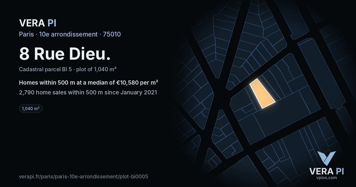 8 Rue Dieu, 10e arrondissement at night – the plot lit, the parcels around coloured by the prices near them