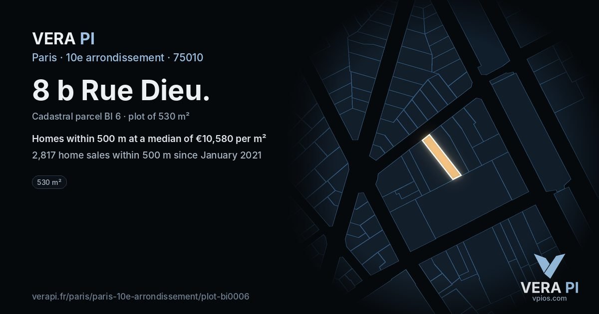 8 b Rue Dieu, 10e arrondissement at night – the plot lit, the parcels around coloured by the prices near them