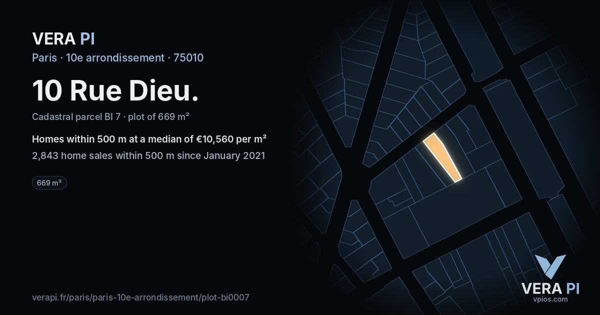 10 Rue Dieu, 10e arrondissement at night – the plot lit, the parcels around coloured by the prices near them