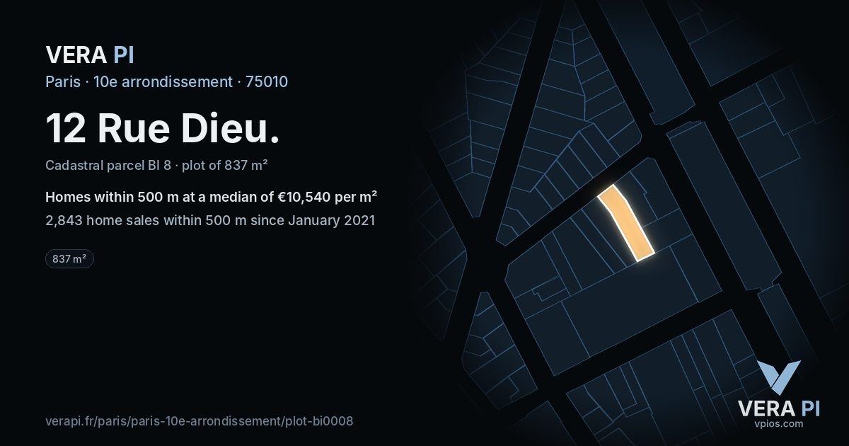 12 Rue Dieu, 10e arrondissement at night – the plot lit, the parcels around coloured by the prices near them