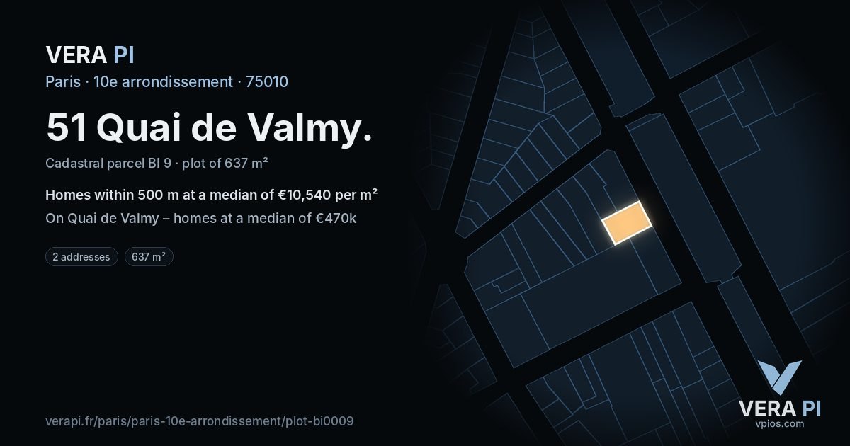 51 Quai de Valmy, 10e arrondissement at night – the plot lit, the parcels around coloured by the prices near them
