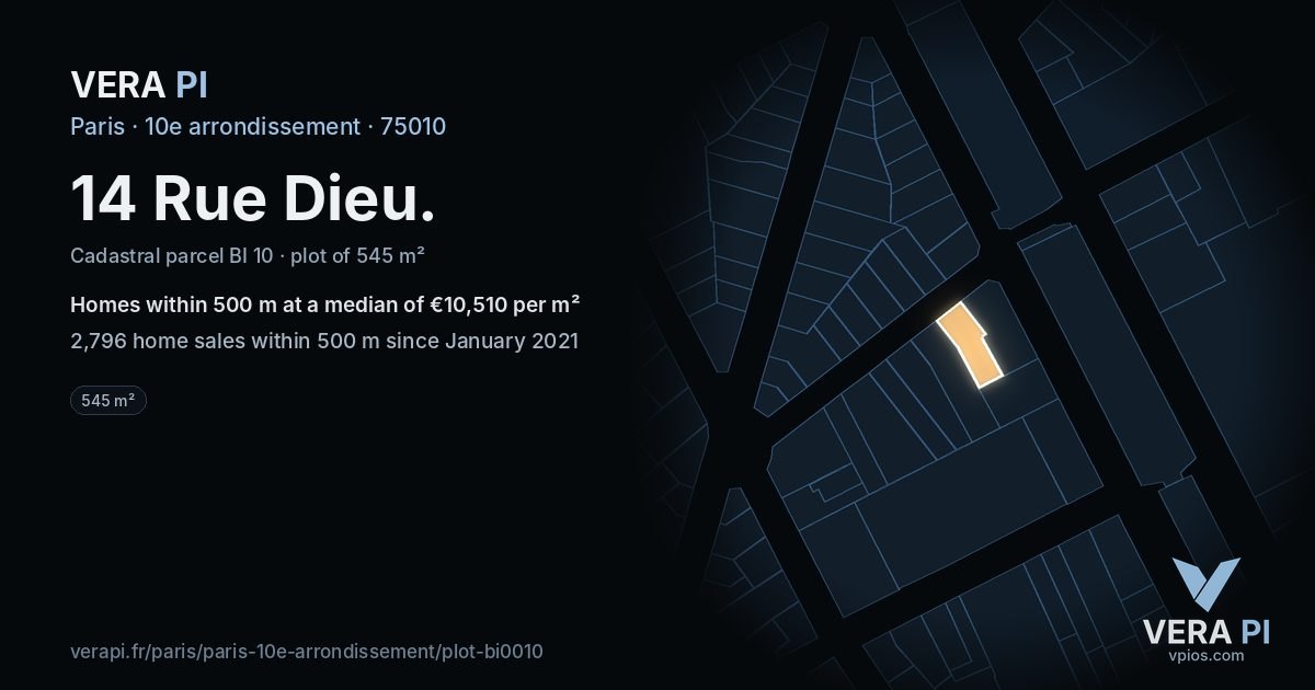 14 Rue Dieu, 10e arrondissement at night – the plot lit, the parcels around coloured by the prices near them