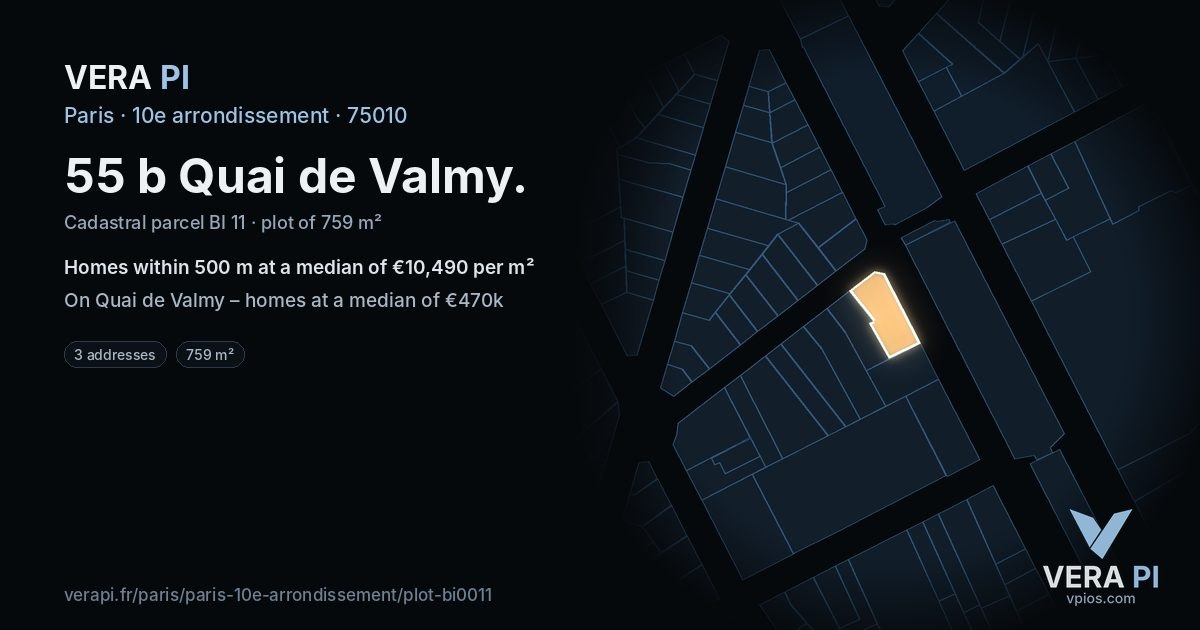 55 b Quai de Valmy, 10e arrondissement at night – the plot lit, the parcels around coloured by the prices near them
