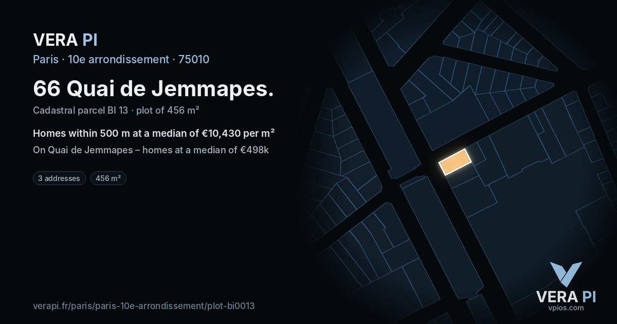 66 Quai de Jemmapes, 10e arrondissement at night – the plot lit, the parcels around coloured by the prices near them