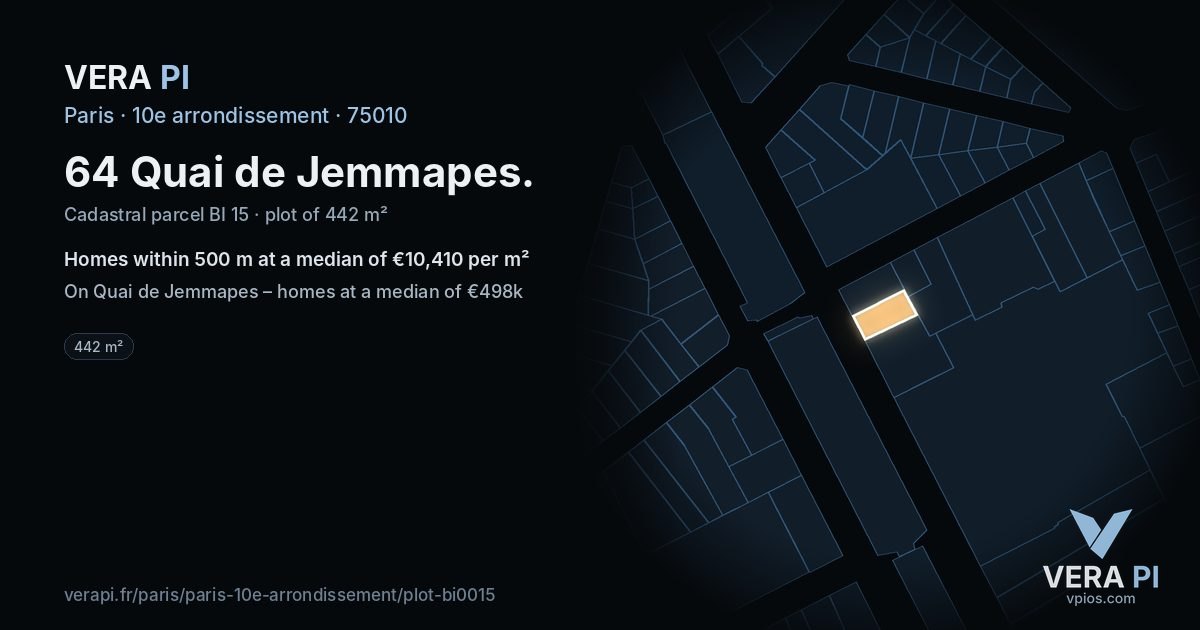 64 Quai de Jemmapes, 10e arrondissement at night – the plot lit, the parcels around coloured by the prices near them