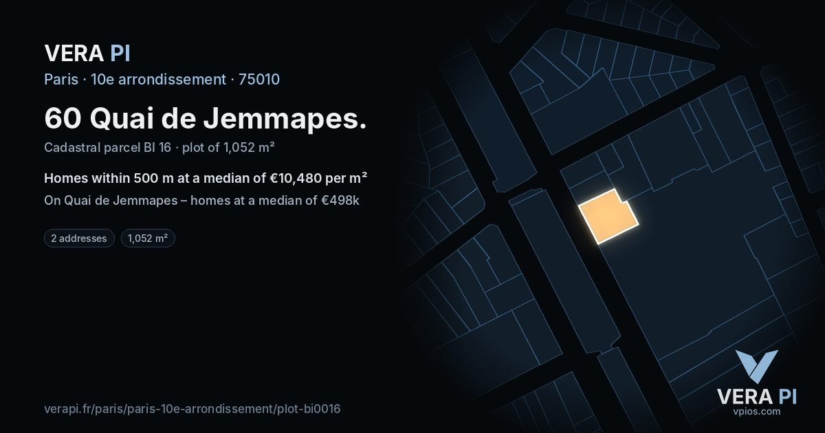 60 Quai de Jemmapes, 10e arrondissement at night – the plot lit, the parcels around coloured by the prices near them