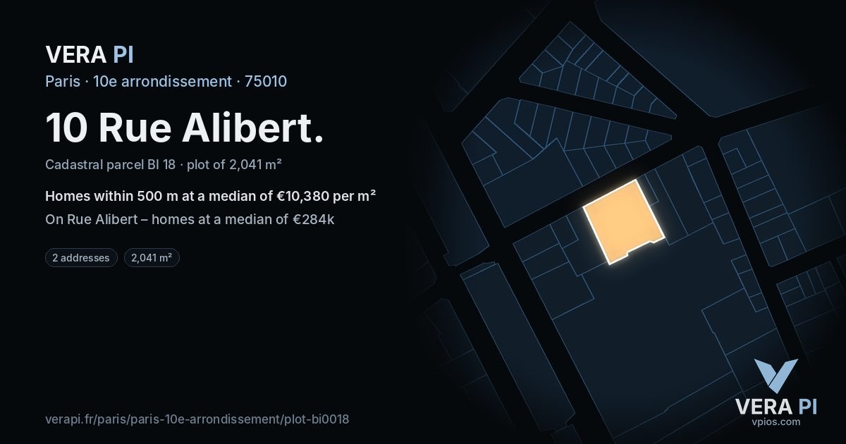 10 Rue Alibert, 10e arrondissement at night – the plot lit, the parcels around coloured by the prices near them