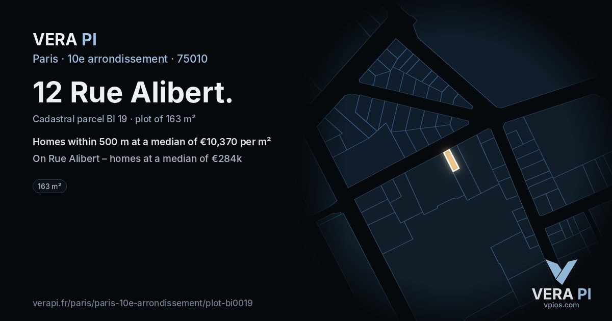 12 Rue Alibert, 10e arrondissement at night – the plot lit, the parcels around coloured by the prices near them