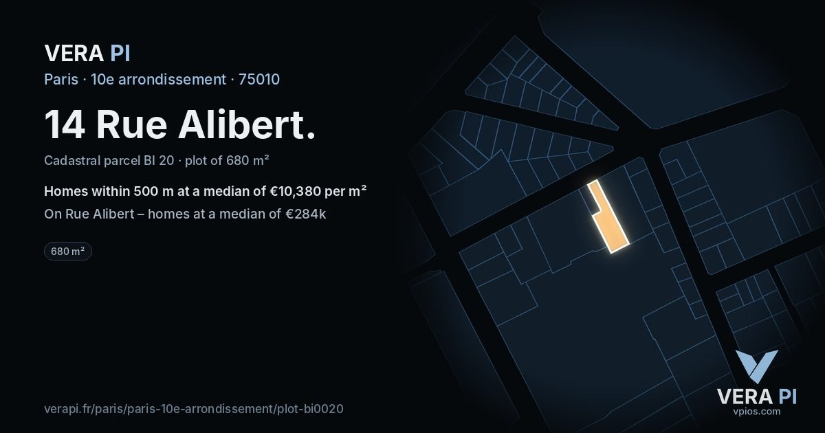 14 Rue Alibert, 10e arrondissement at night – the plot lit, the parcels around coloured by the prices near them