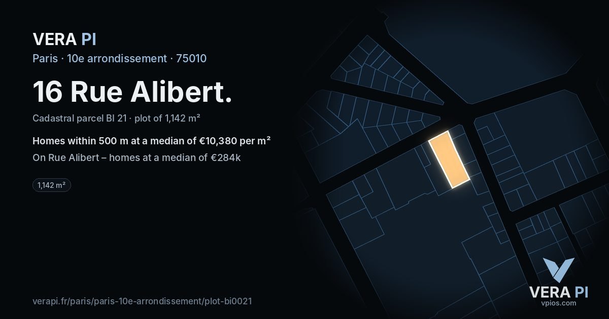 16 Rue Alibert, 10e arrondissement at night – the plot lit, the parcels around coloured by the prices near them
