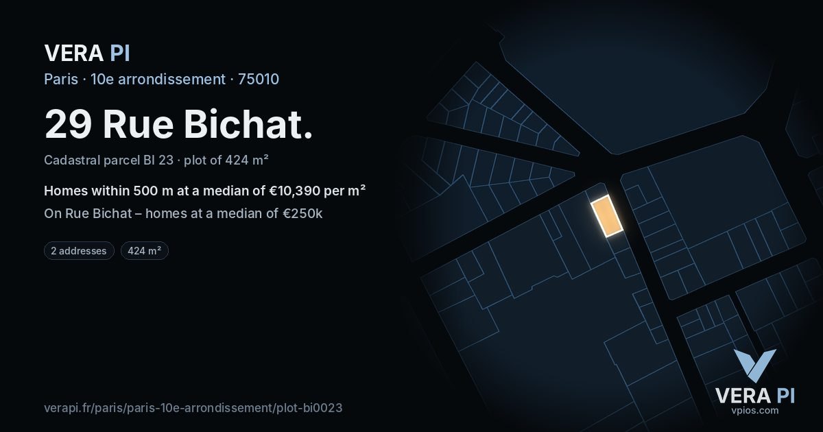 29 Rue Bichat, 10e arrondissement at night – the plot lit, the parcels around coloured by the prices near them