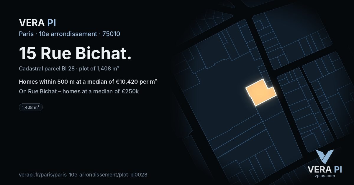 15 Rue Bichat, 10e arrondissement at night – the plot lit, the parcels around coloured by the prices near them
