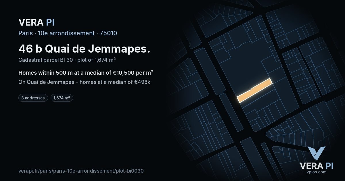 46 b Quai de Jemmapes, 10e arrondissement at night – the plot lit, the parcels around coloured by the prices near them