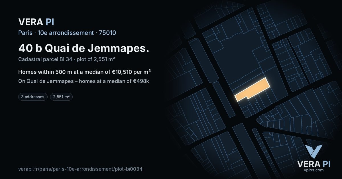 40 b Quai de Jemmapes, 10e arrondissement at night – the plot lit, the parcels around coloured by the prices near them