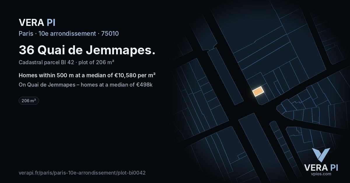 36 Quai de Jemmapes, 10e arrondissement at night – the plot lit, the parcels around coloured by the prices near them