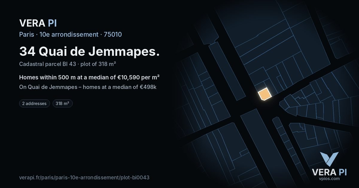 34 Quai de Jemmapes, 10e arrondissement at night – the plot lit, the parcels around coloured by the prices near them