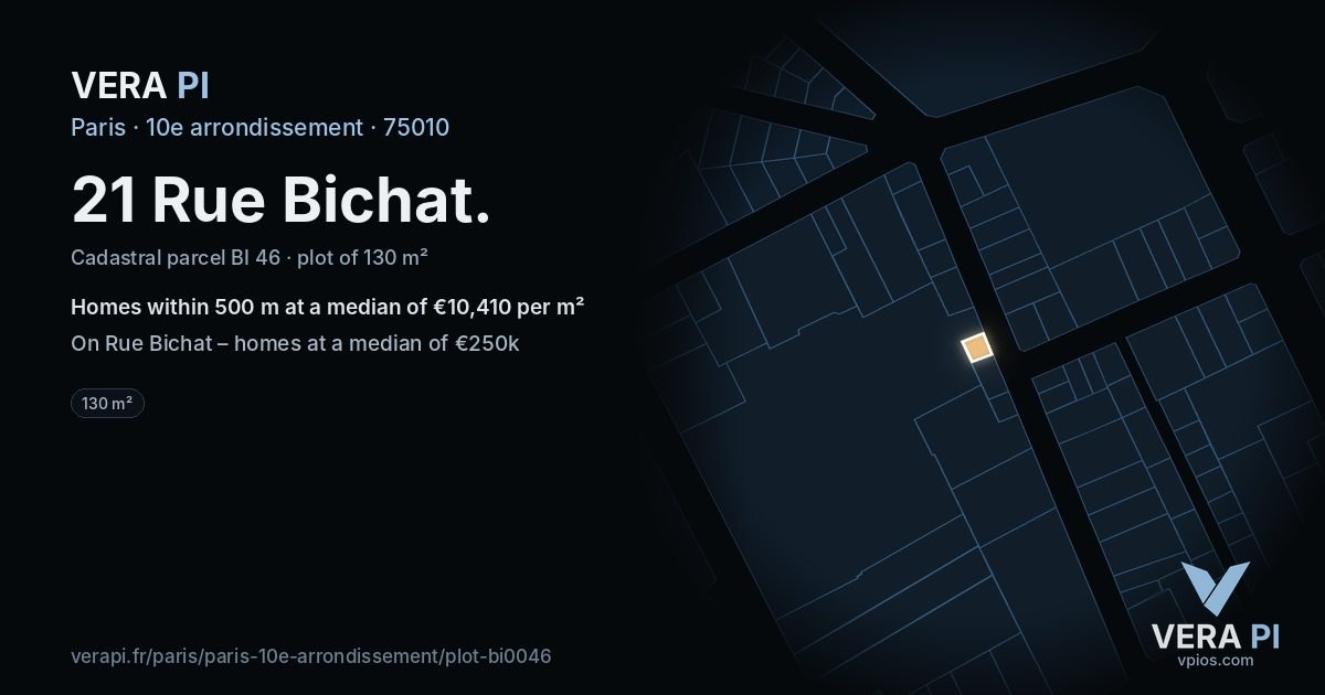 21 Rue Bichat, 10e arrondissement at night – the plot lit, the parcels around coloured by the prices near them