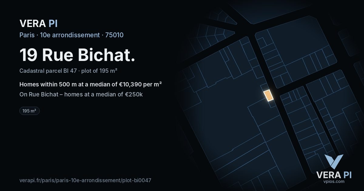 19 Rue Bichat, 10e arrondissement at night – the plot lit, the parcels around coloured by the prices near them