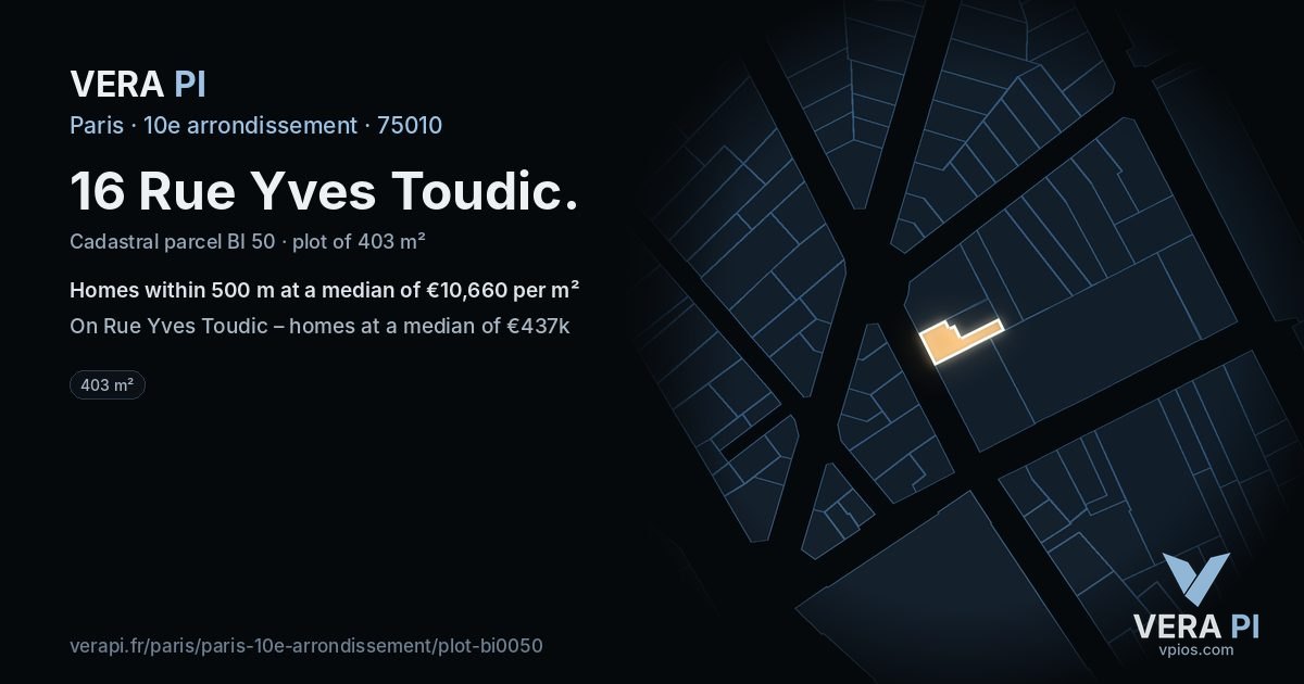 16 Rue Yves Toudic, 10e arrondissement at night – the plot lit, the parcels around coloured by the prices near them