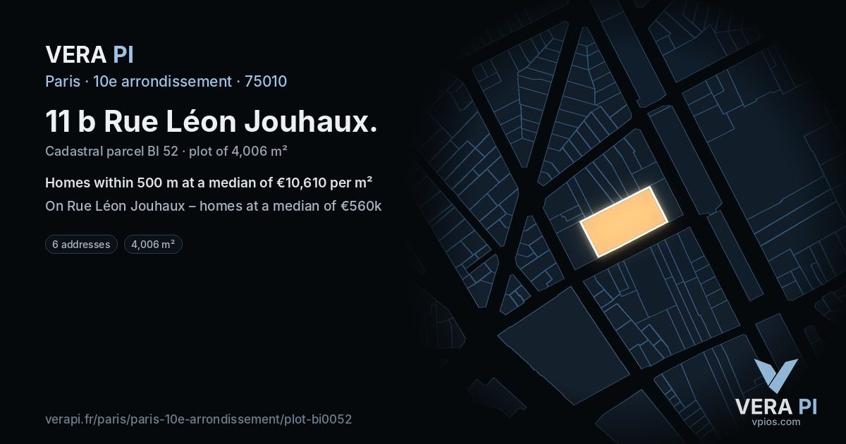 11 b Rue Léon Jouhaux, 10e arrondissement at night – the plot lit, the parcels around coloured by the prices near them