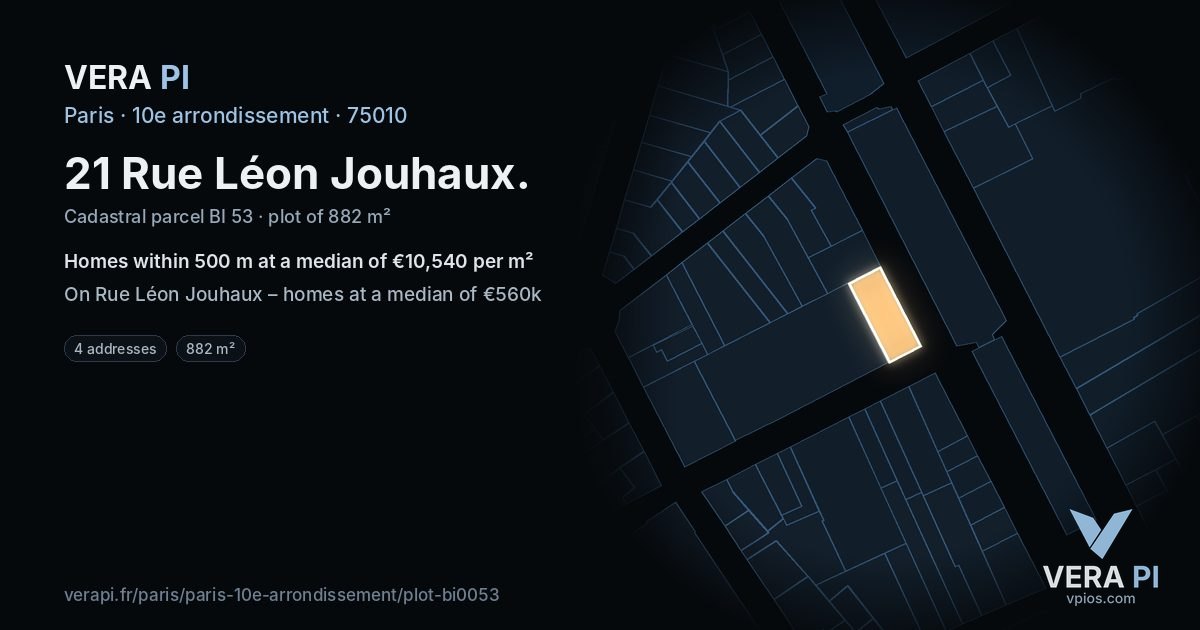 21 Rue Léon Jouhaux, 10e arrondissement at night – the plot lit, the parcels around coloured by the prices near them