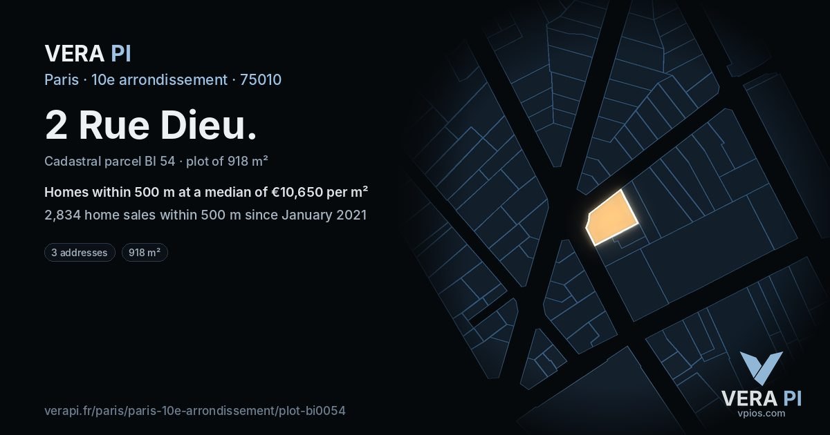 2 Rue Dieu, 10e arrondissement at night – the plot lit, the parcels around coloured by the prices near them