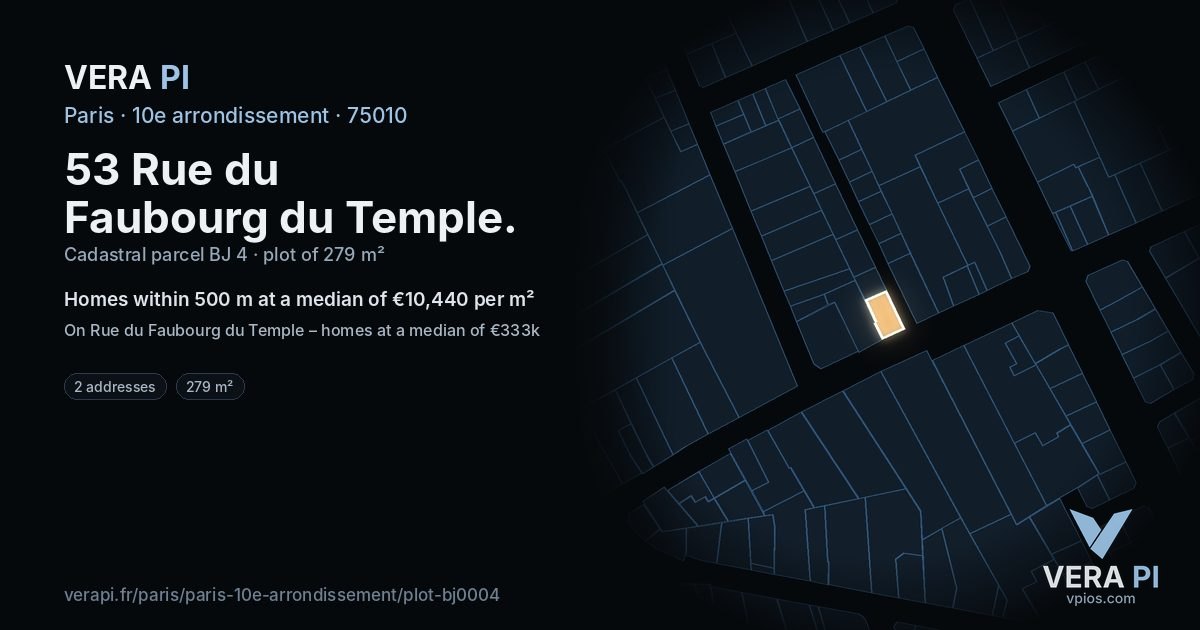 53 Rue du Faubourg du Temple, 10e arrondissement at night – the plot lit, the parcels around coloured by the prices near them