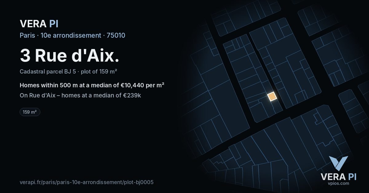 3 Rue d'Aix, 10e arrondissement at night – the plot lit, the parcels around coloured by the prices near them