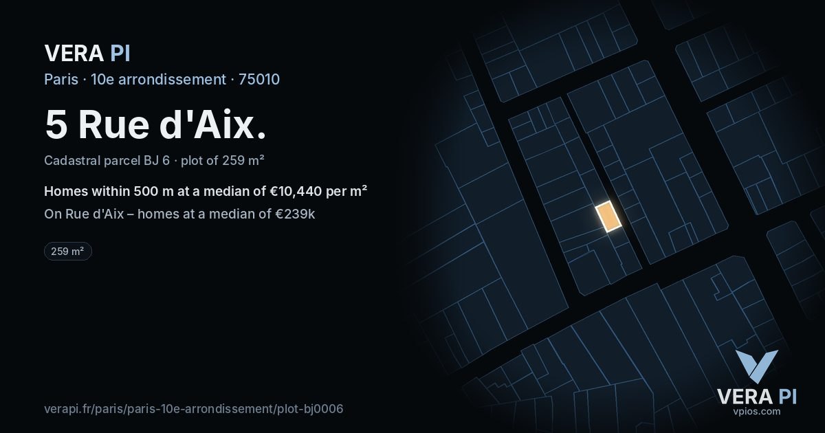 5 Rue d'Aix, 10e arrondissement at night – the plot lit, the parcels around coloured by the prices near them