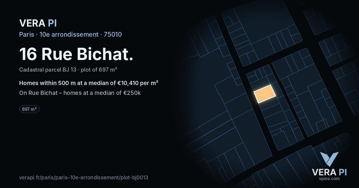 16 Rue Bichat, 10e arrondissement at night – the plot lit, the parcels around coloured by the prices near them
