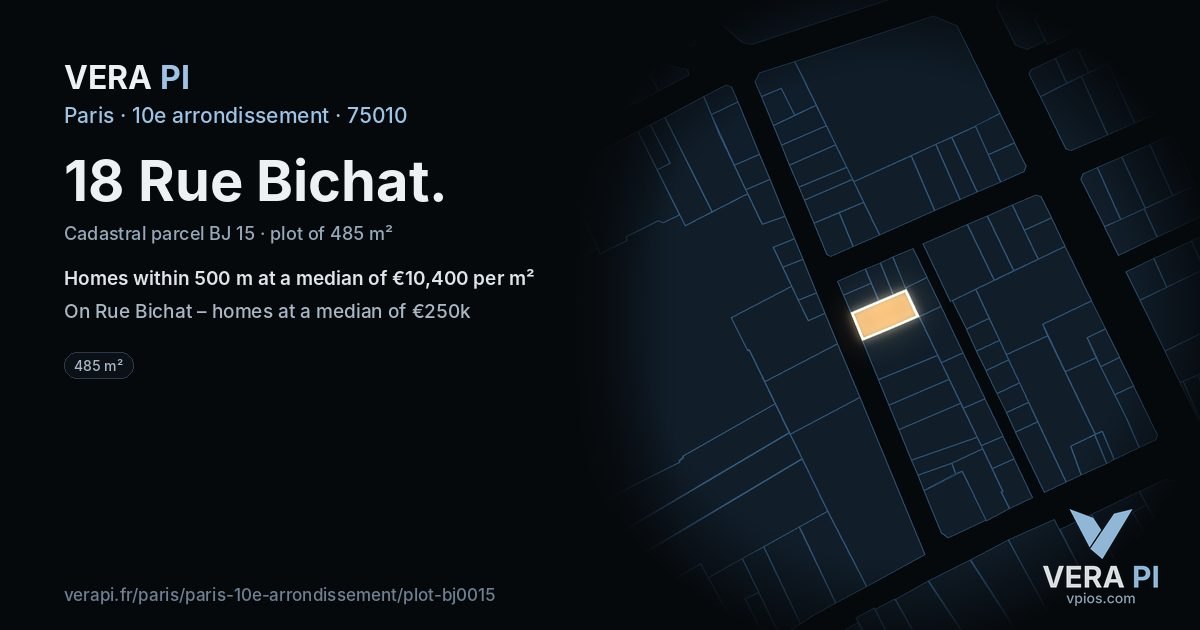 18 Rue Bichat, 10e arrondissement at night – the plot lit, the parcels around coloured by the prices near them