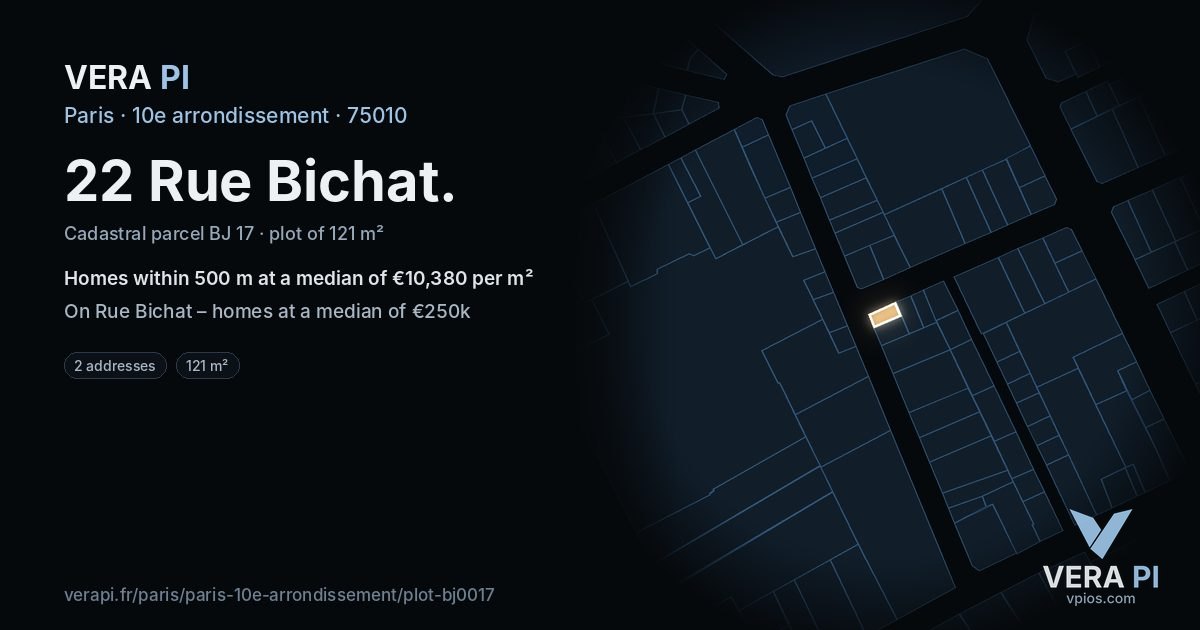 22 Rue Bichat, 10e arrondissement at night – the plot lit, the parcels around coloured by the prices near them