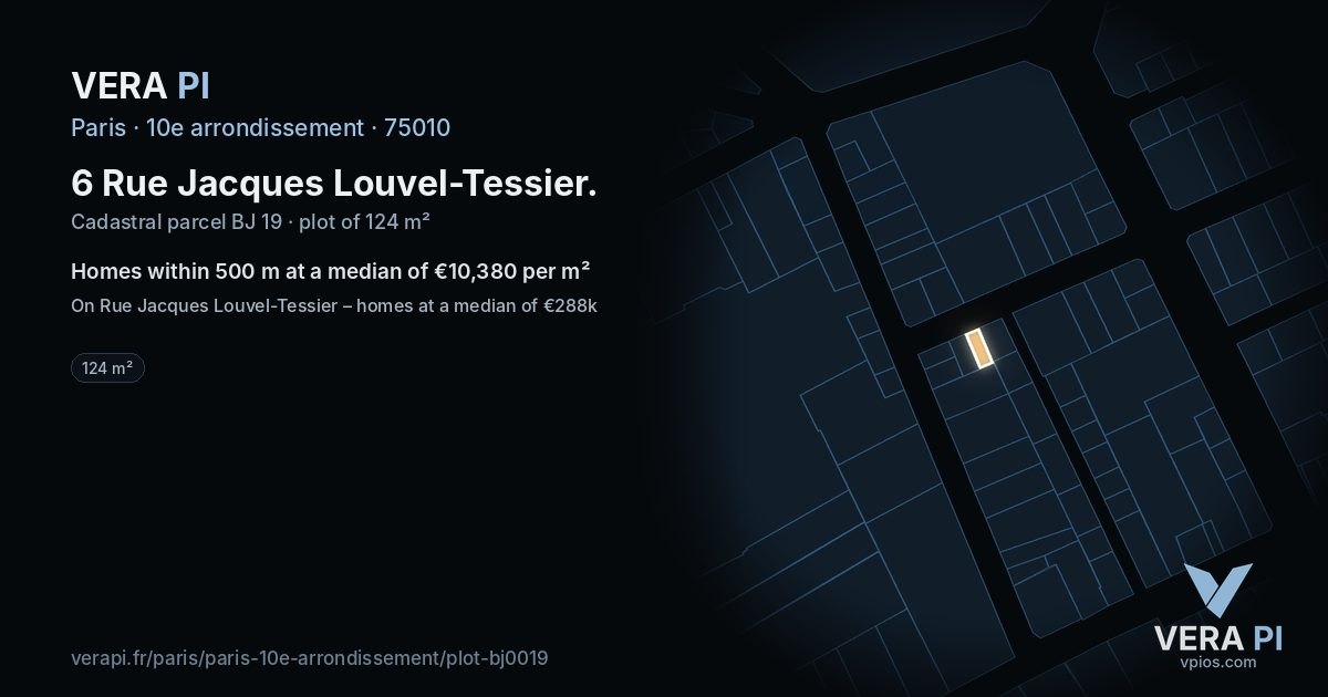 6 Rue Jacques Louvel-Tessier, 10e arrondissement at night – the plot lit, the parcels around coloured by the prices near them