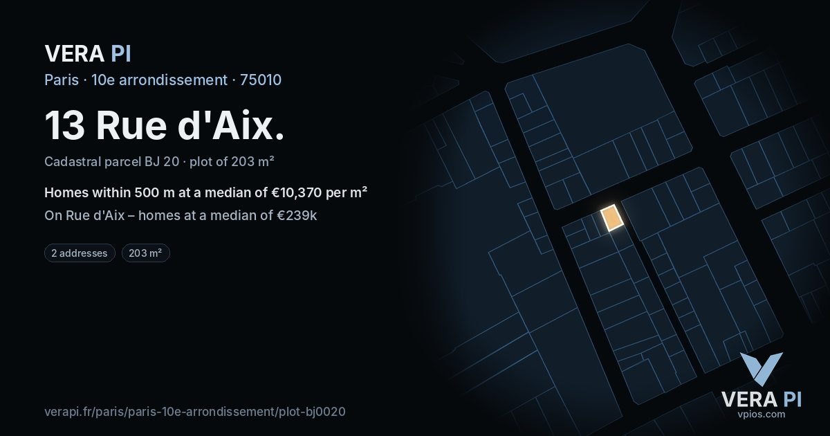 13 Rue d'Aix, 10e arrondissement at night – the plot lit, the parcels around coloured by the prices near them