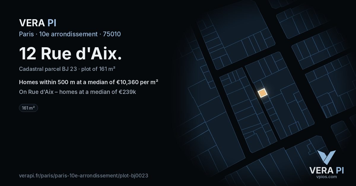 12 Rue d'Aix, 10e arrondissement at night – the plot lit, the parcels around coloured by the prices near them