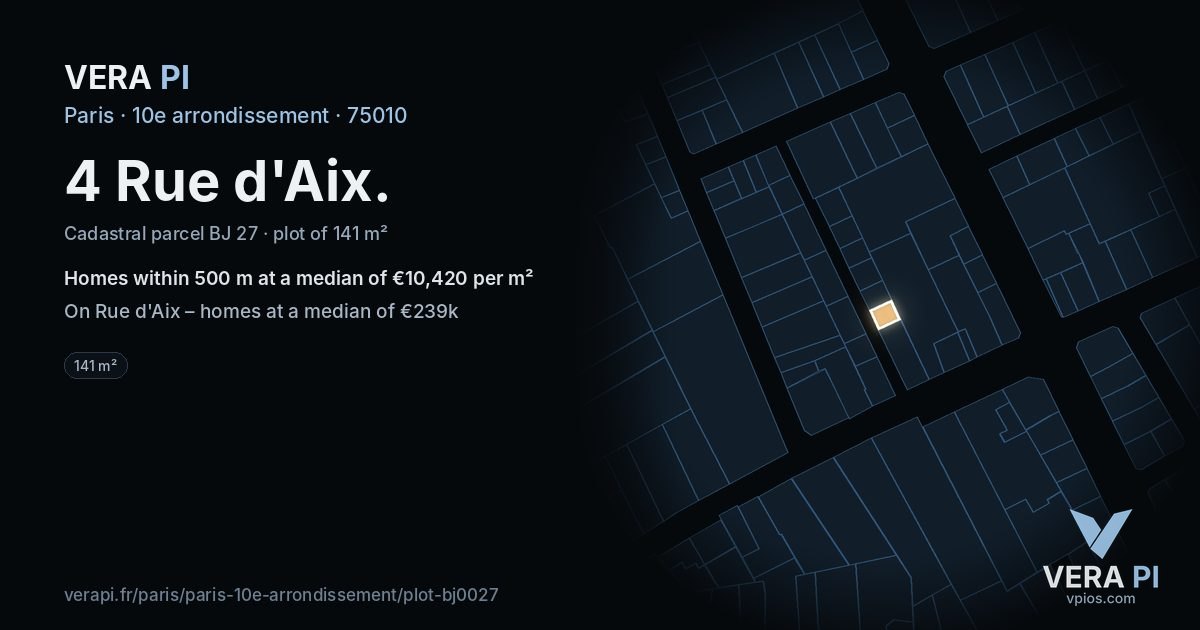 4 Rue d'Aix, 10e arrondissement at night – the plot lit, the parcels around coloured by the prices near them