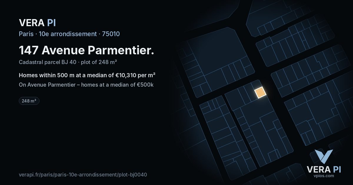 147 Avenue Parmentier, 10e arrondissement at night – the plot lit, the parcels around coloured by the prices near them