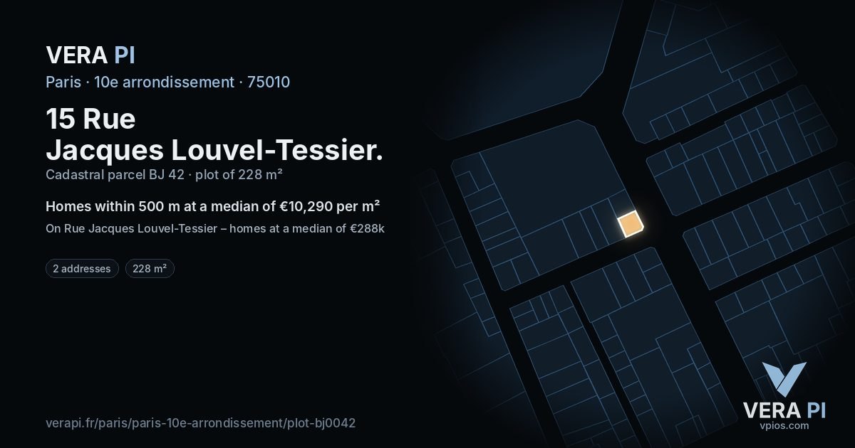 15 Rue Jacques Louvel-Tessier, 10e arrondissement at night – the plot lit, the parcels around coloured by the prices near them