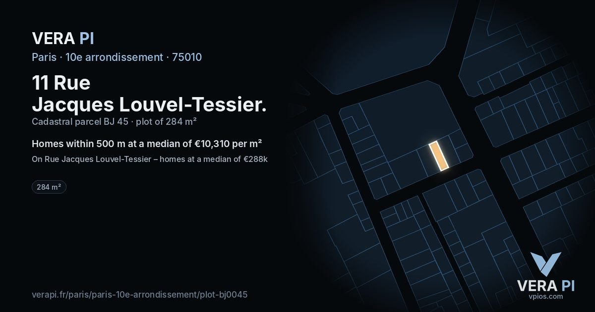 11 Rue Jacques Louvel-Tessier, 10e arrondissement at night – the plot lit, the parcels around coloured by the prices near them