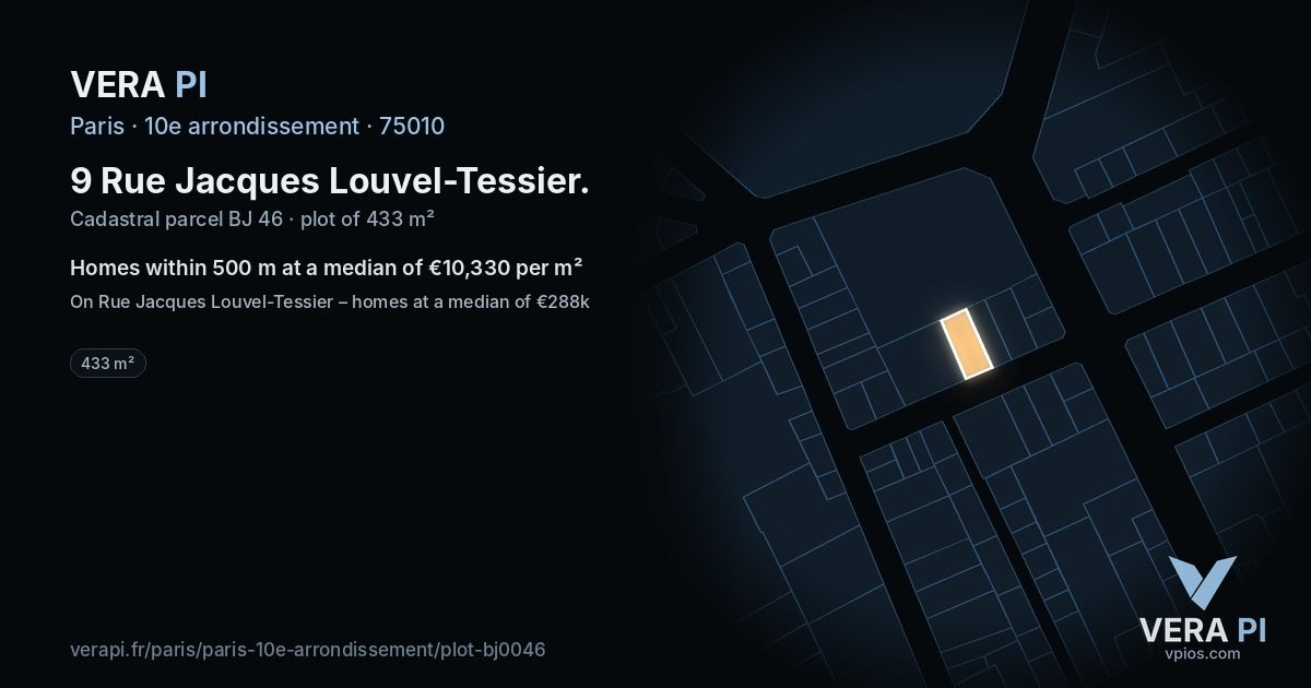9 Rue Jacques Louvel-Tessier, 10e arrondissement at night – the plot lit, the parcels around coloured by the prices near them