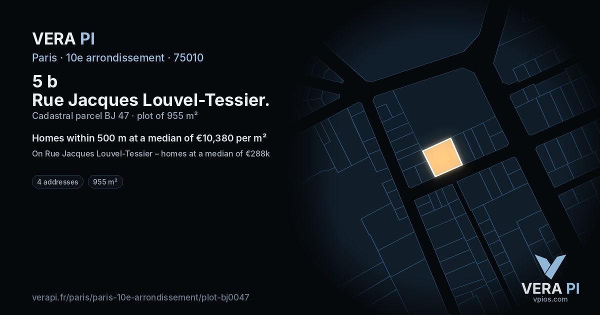 5 b Rue Jacques Louvel-Tessier, 10e arrondissement at night – the plot lit, the parcels around coloured by the prices near them