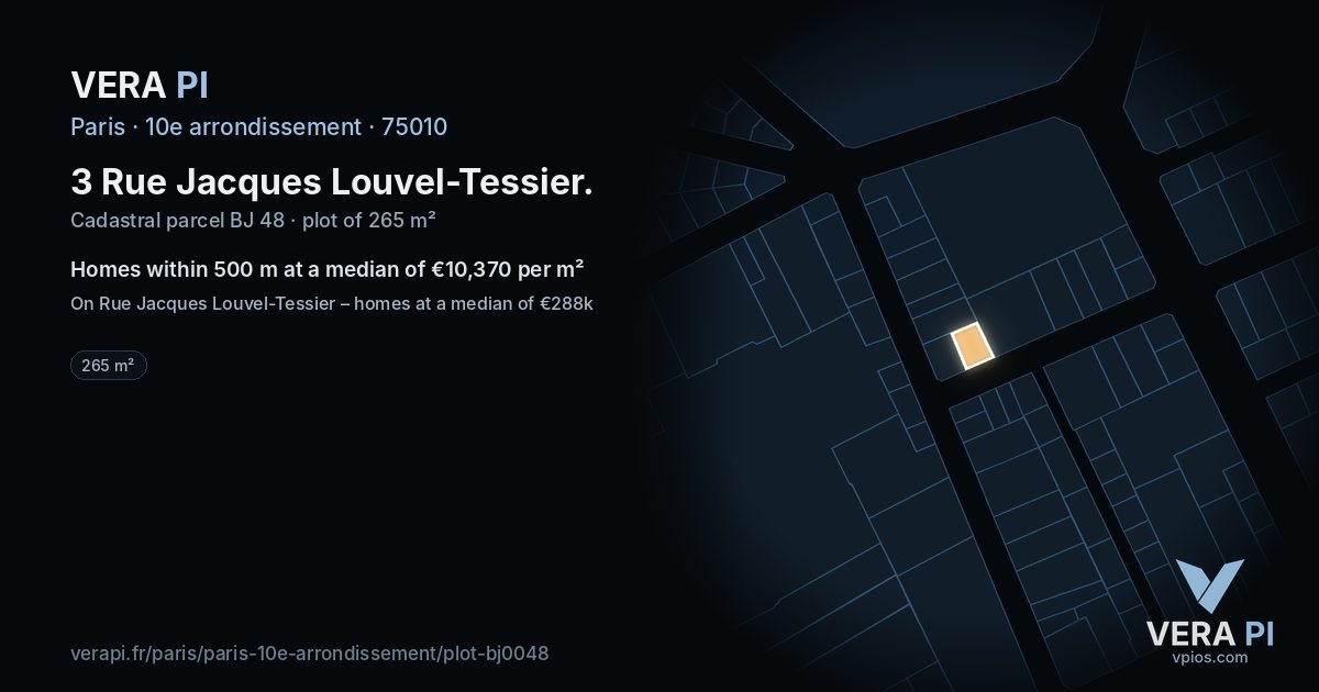 3 Rue Jacques Louvel-Tessier, 10e arrondissement at night – the plot lit, the parcels around coloured by the prices near them