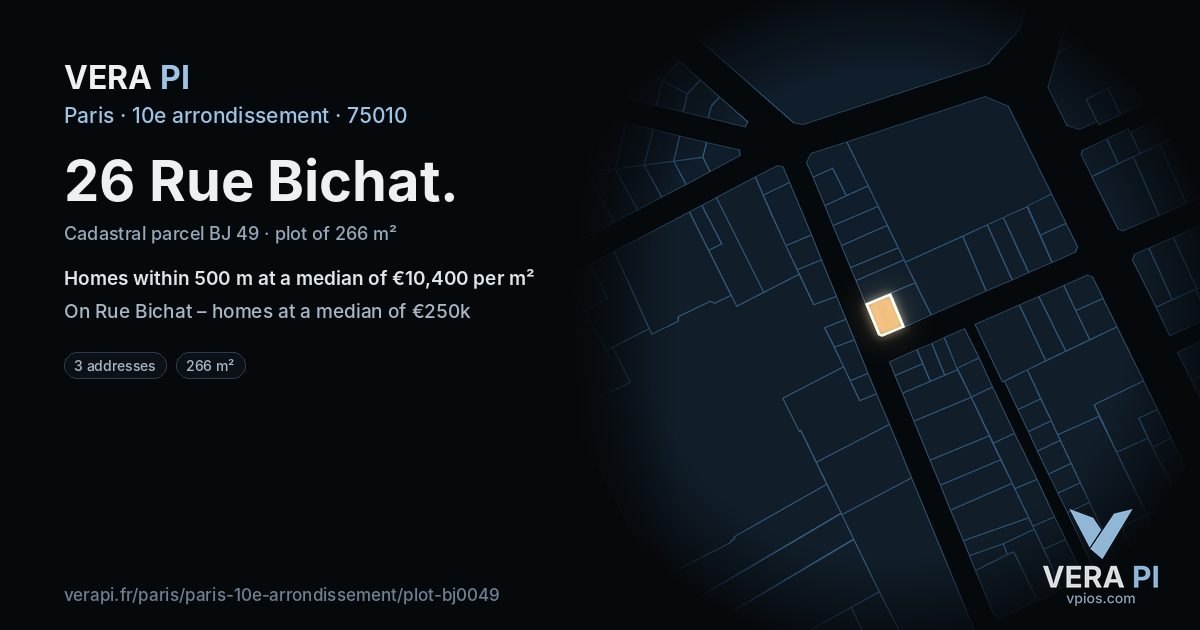 26 Rue Bichat, 10e arrondissement at night – the plot lit, the parcels around coloured by the prices near them