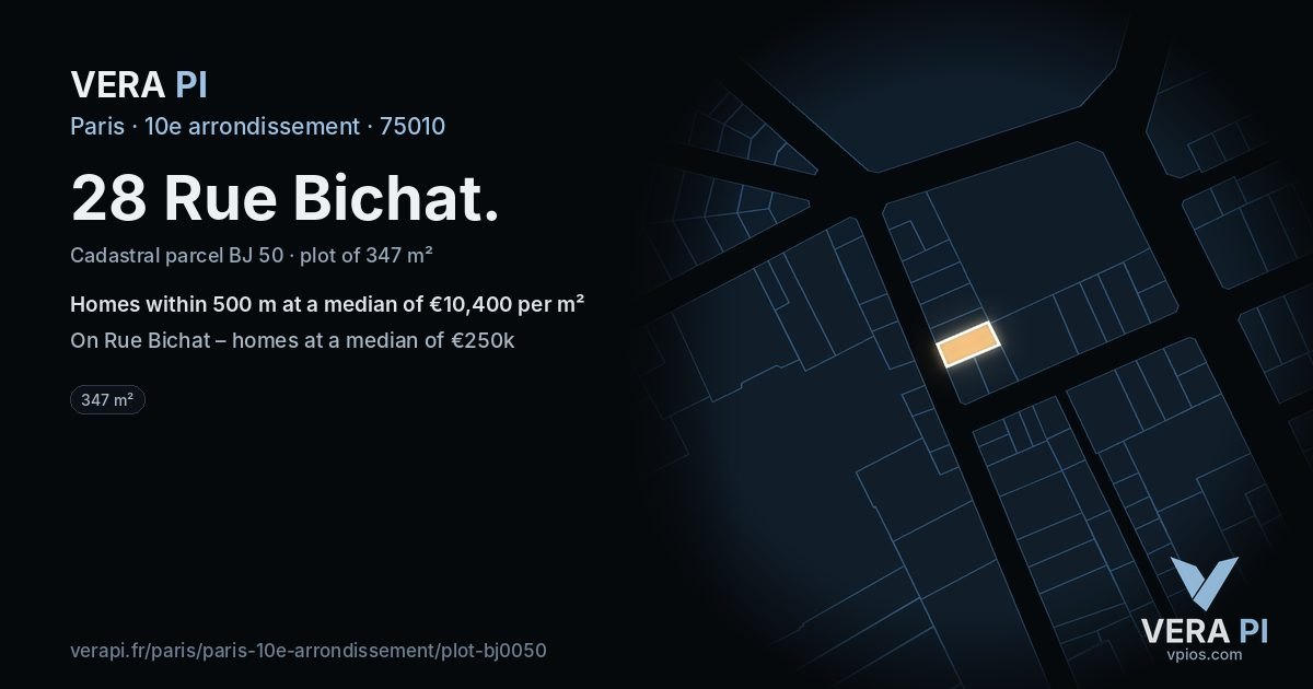 28 Rue Bichat, 10e arrondissement at night – the plot lit, the parcels around coloured by the prices near them